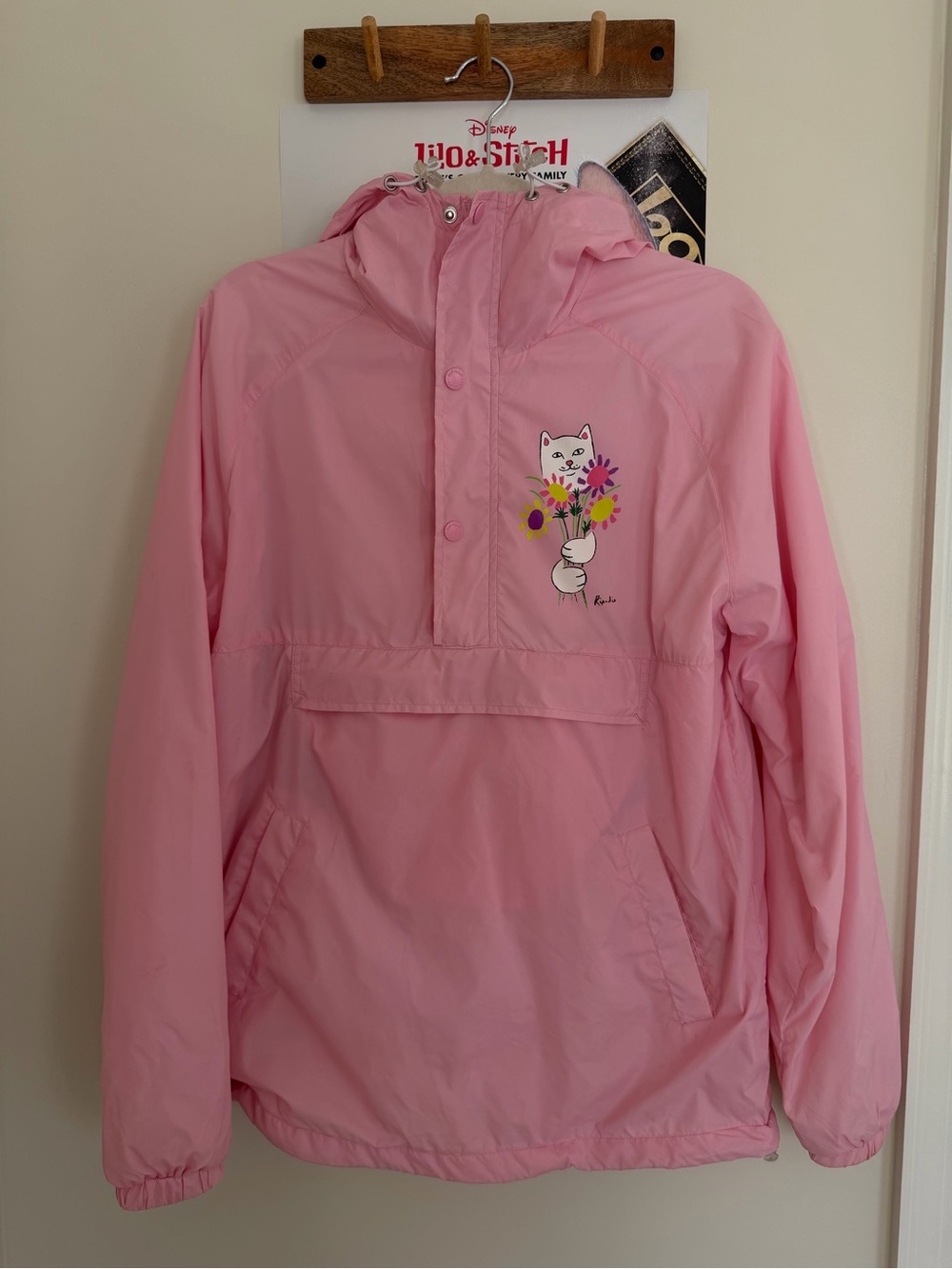Ripndip Pink Kids Hooded Rain Pullover with Cat & Flowers